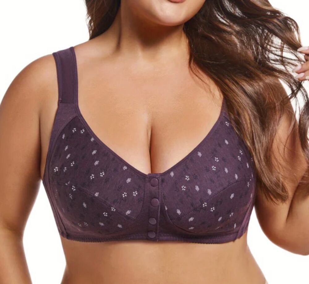 4XL purple white soft wireless bra floral pattern front snap closure design
